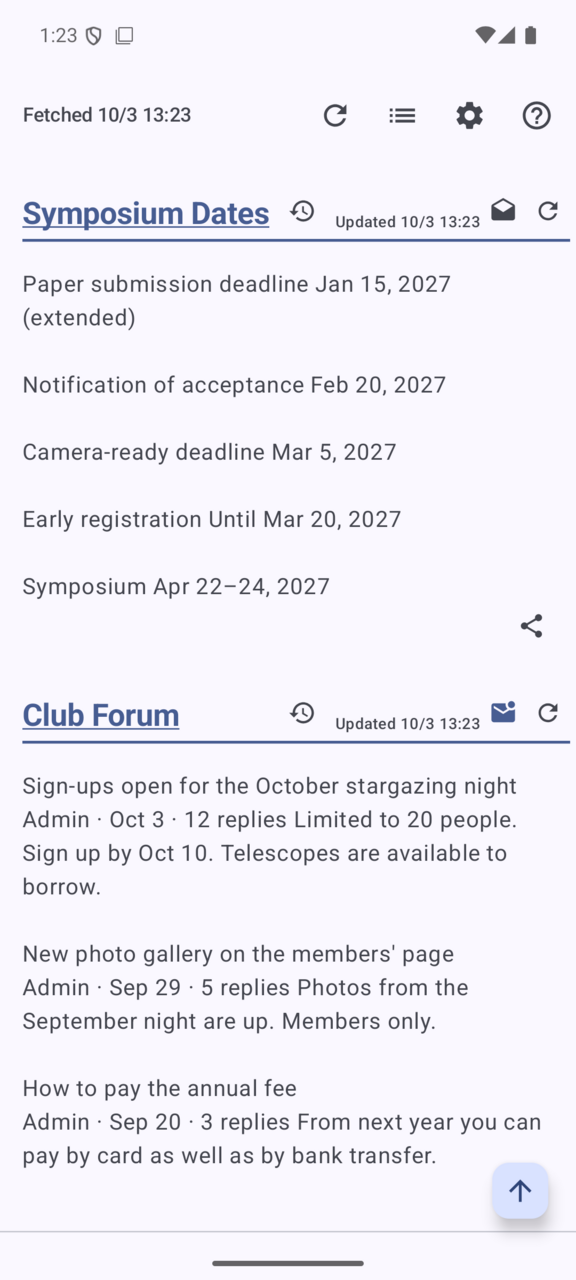 Web Checker screen: In a conference's date table, the extended deadline stands out (a fictional symposium)